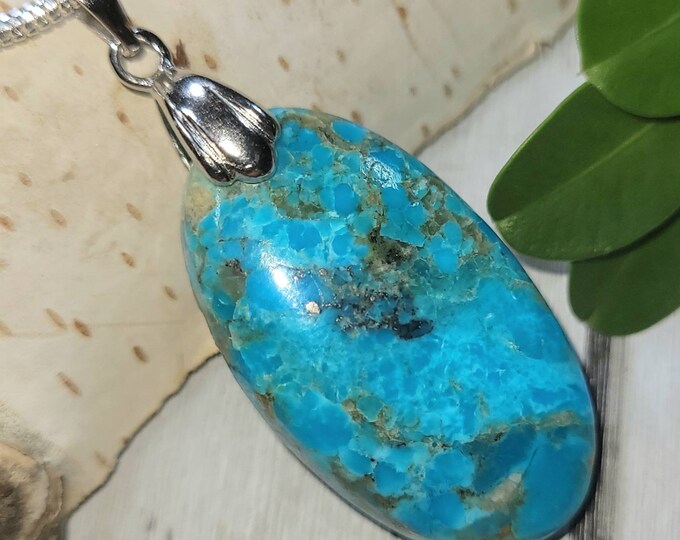 Natural AAA Grade Arizona Kingman Turquoise Oval Cabochon .925 Sterling Silver Pendant Rhodium Solid Sterling Silver Bail Gift for Her