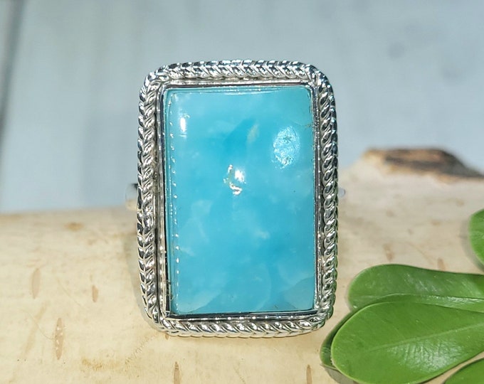 Natural High Grade Hemimorphite Rectangle Handmade .925 Sterling Silver Ring Size 6.5 Vibrant Blue Best Grade Hemimorphite Gift for Her