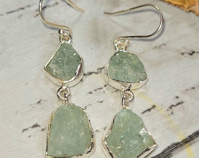 Natural Raw Rough Cut Aquamarine 2 Stone Handmade .925 Sterling Silver Dangle Earrings 8 Grams Gift for Her DC24