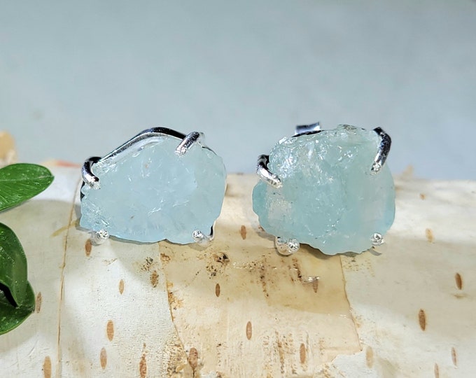 Natural Raw Rough Cut Aquamarine Handmade .925 Sterling Silver Stud Earrings 5 Grams Friction Back Stops Mother's Day Gift