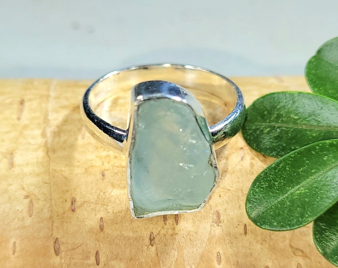 Natural Raw Rough Cut Aquamarine Handmade .925 Sterling Silver Ring Size 7 1/2 4.5 Grams 1/2" x 1/4" FW21