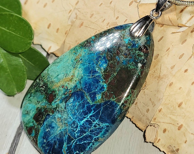 Natural AAA Grade Azurite Cabochon .925 Sterling Silver Pendant 2 1/8" x 1" 11 Grams EW36 Custom Fit Sterling Silver Rhodium Plated Bail