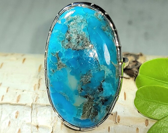 Natural High Grade Arizona Kingman Turquoise .925 Sterling Silver Ring Size 7 Weighs 8 Grams Face Measures 1 1/8" x 11/16" AH14