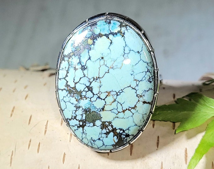 Natural Choice Grade Tibet Turquoise .925 Sterling Silver Ring Size 8.5 8 Grams Face 1" x 13 16" AG14