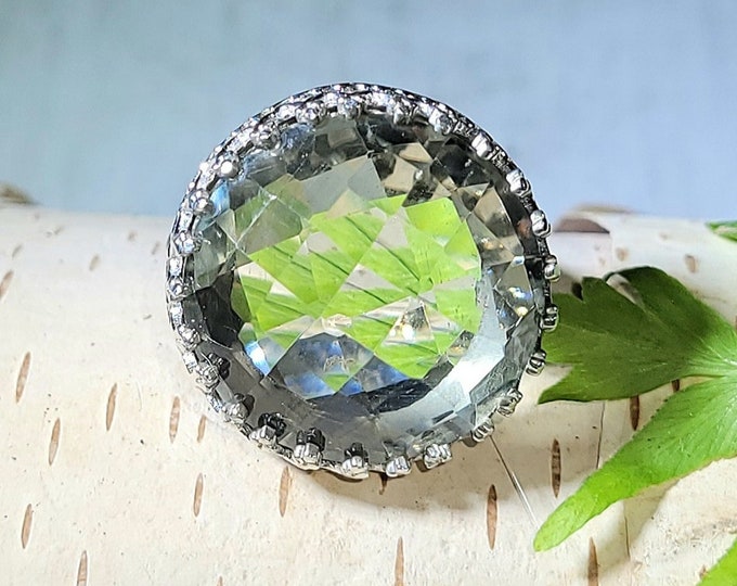 Natural Rose Cut Green Amethyst  .925 Sterling Silver Ring Size 5.5 6 Grams 13/16" Round AH06 VS Clarity! Crown Prong Setting