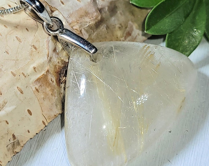 Natural Choice Golden Needle Rutilated Quartz Pear Cabochon .925 Sterling Silver Pendant 1 1/2" x 1 3/8" P07 Sterling Silver Bail