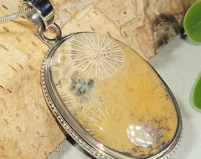 Natural AAA Grade Fossil Coral Handmade Oval .925 Sterling Silver Pendant 1 7/8" x 1 1/8" 14 grams AN17