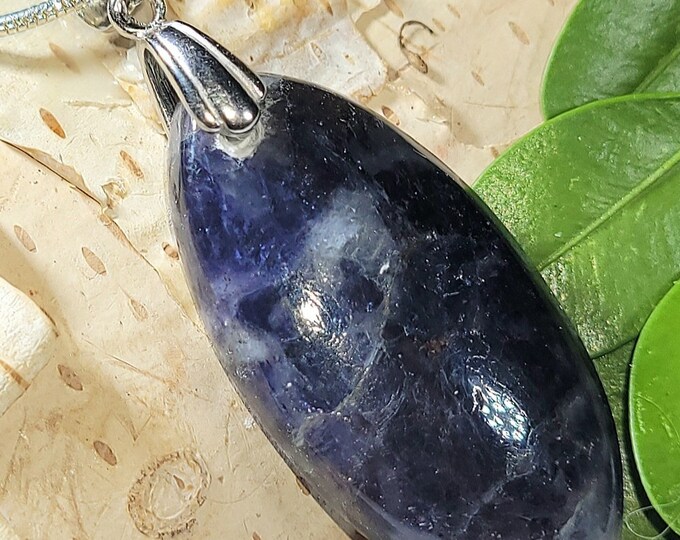 Natural Violet Blue Iolite Sunstone Marquise Cabochon .925 Sterling Silver Pendant 1 3/4" x 11/16" ES37 Sterling Silver Rhodium Plated Bail