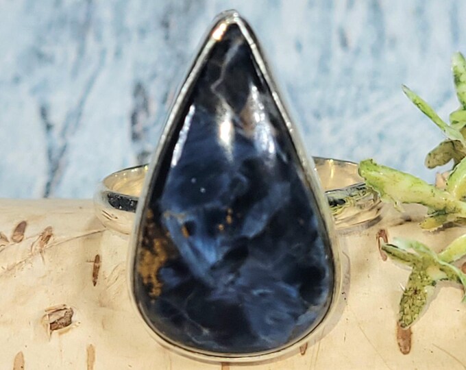 Handmade Pear Pietersite Sterling Silver Ring - Size 9