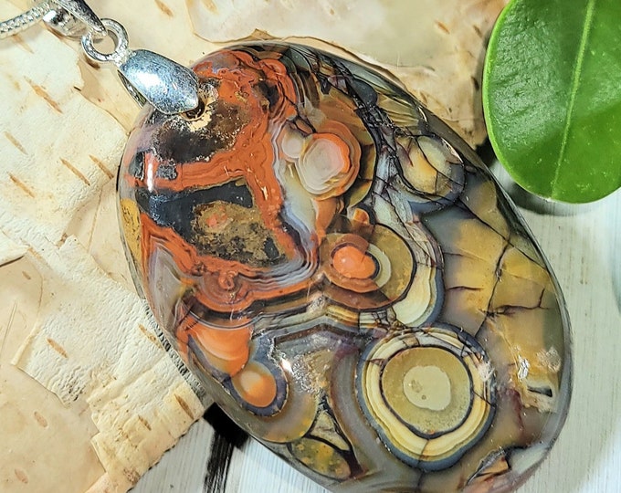 Natural cabochon Crazy Lace Agate Pendant with .925 Sterling Silver Pendant 2" x 1" ES09 13 grams