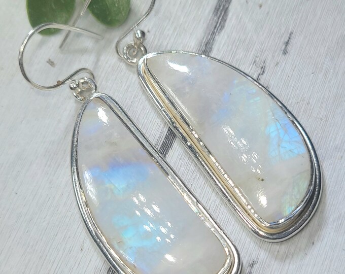 Natural Premium Grade Moonstone Handmade .925 Sterling Silver Earrings 17.2 Grams 1 3/8" x 1/2" FX11