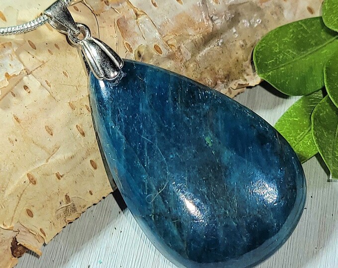 Natural Choice Quality Apatite Pear Cabochon .925 Sterling Silver Pendant 1 7/8" x 7/8" AC34 Sterling Silver Rhodium Plated Bail