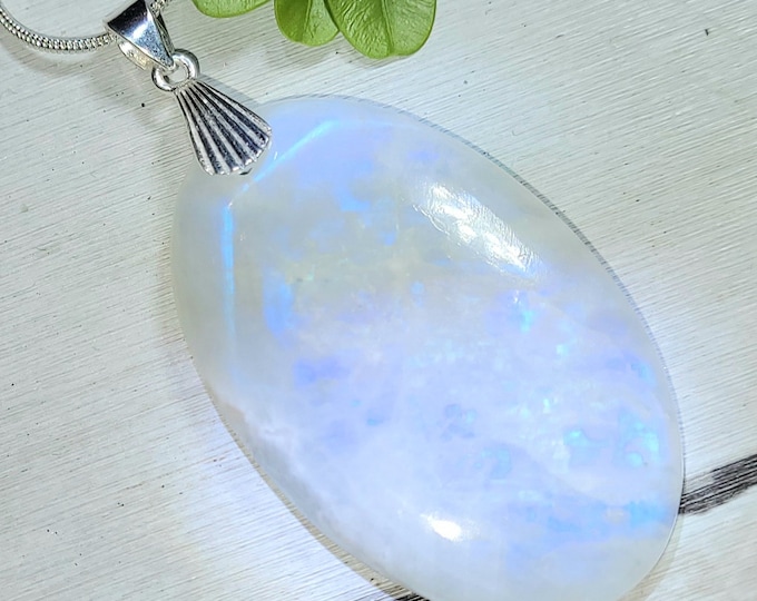 Natural High Quality Rainbow Moonstone Oval Cabochon .925 Sterling Silver Pendant Designer Style Sterling Silver Bail 2 3/8" x 1 1/8" AN52