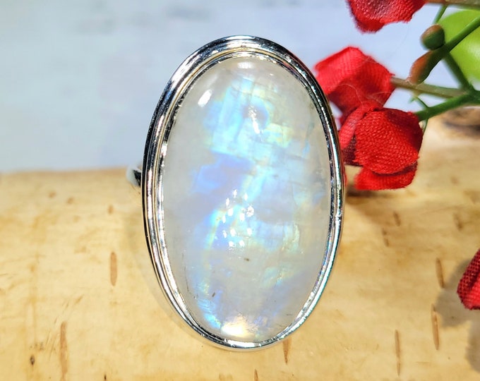 Rainbow Moonstone Ring, Moonstone Ring, Sterling Silver Moonstone Ring, Moonstone Ring Size 9.5, Statement Ring, Boho Ring, DJ