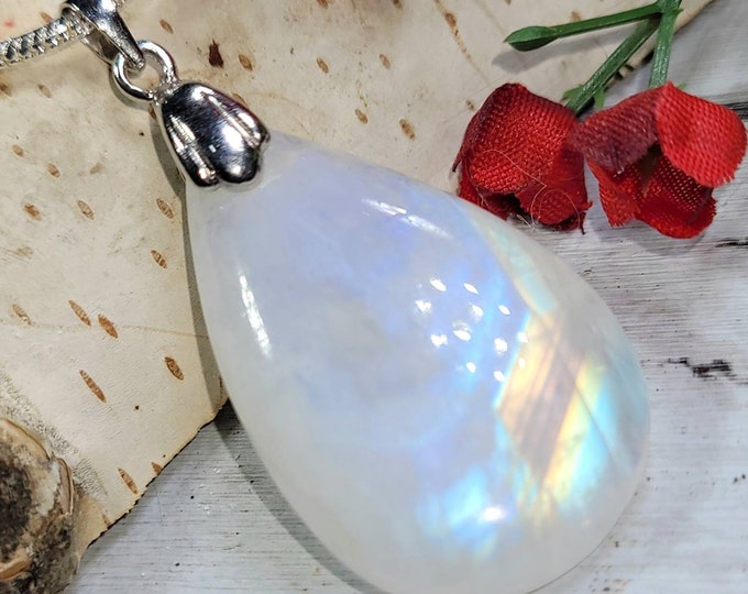 Natural Premium Quality Rainbow Moonstone Pear Cabochon 40ct .925 Sterling Silver Pendant 1 3/4" x 7/8" DA06 Rhodium Sterling Silver Bail