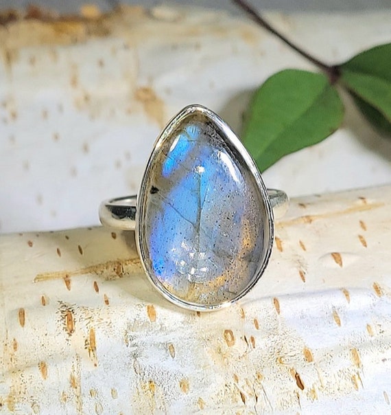 925 PURE Silver BLUE FLASH LABRADORITE FLEXIBLE ADJUSTABLE Ring Any Size UNISEX