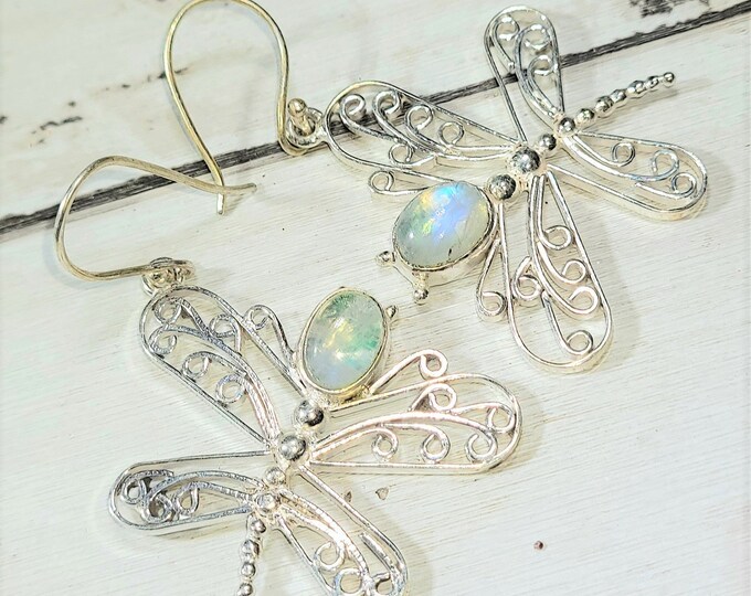 Natural Flashy Dragonfly Moonstone .925 Sterling Silver Earrings 9 Grams 2 1/4" x 1 1/2" E25