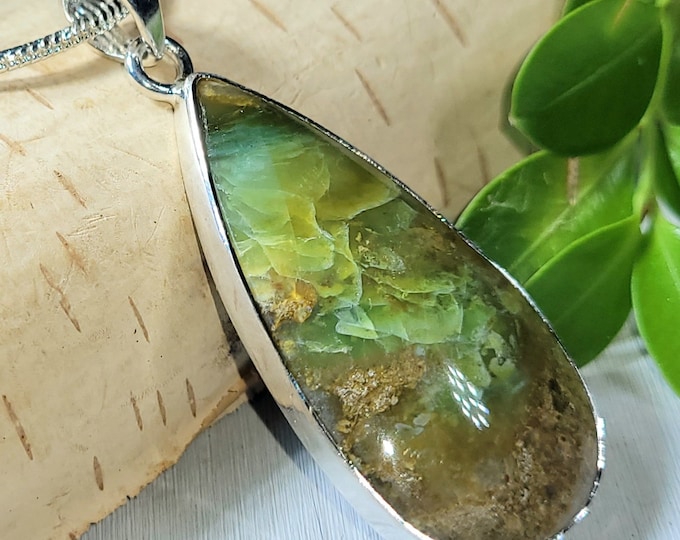 Natural Premium Grade Blue Opalized Wood Pear Handmade .925 Sterling Silver Pendant 2 1/8" x 7/8" 8 grams CM27