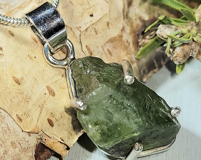 Large Raw Green Apatite Rough Cut  .925 Sterling Silver Pendant 1 3/16" X 1/2" AL26 6 grams Handcrafted