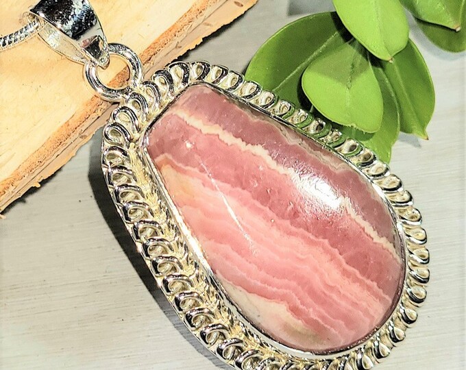 Natural High Grade Argentina Rhodochrosite Handmade .925 Sterling Silver Pendant 1 3/4" x 1" 12 Grams EN07 Genuine Stone Gift of Her