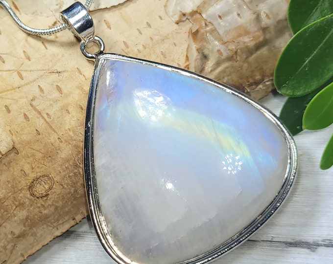 Natural AAAA Huge Grade Multi Full Flash Pear Rainbow Moonstone .925 Sterling Silver Pendant Measures 2 1/8" x 1 1/2" Weighs 24 Grams CE08