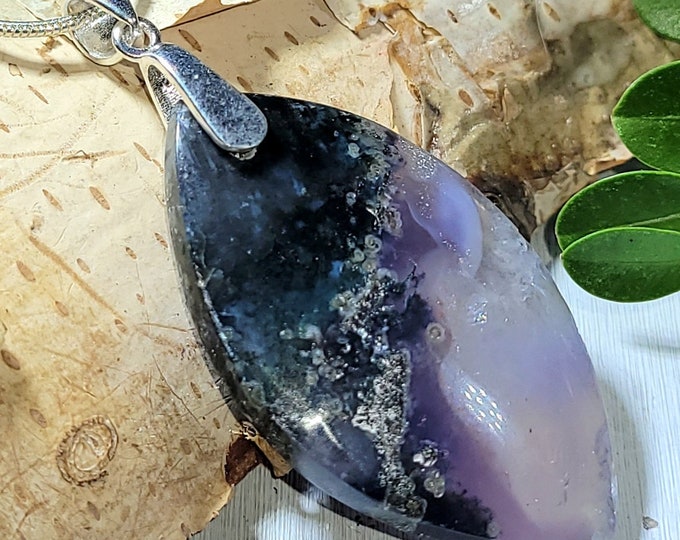 Natural Plume Purple Moss Agate Cabochon .925 Sterling Silver Pendant 2 1/4" x 1" AR15 Heavy Duty Sterling Silver Bail
