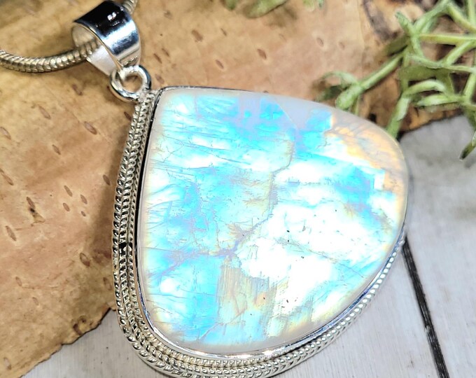 Moonstone Pendant, Rainbow Moonstone Sterling Silver Pendant, Premium Grade Moonstone Pendant, Gift for Her, Statement Pendant, HM07