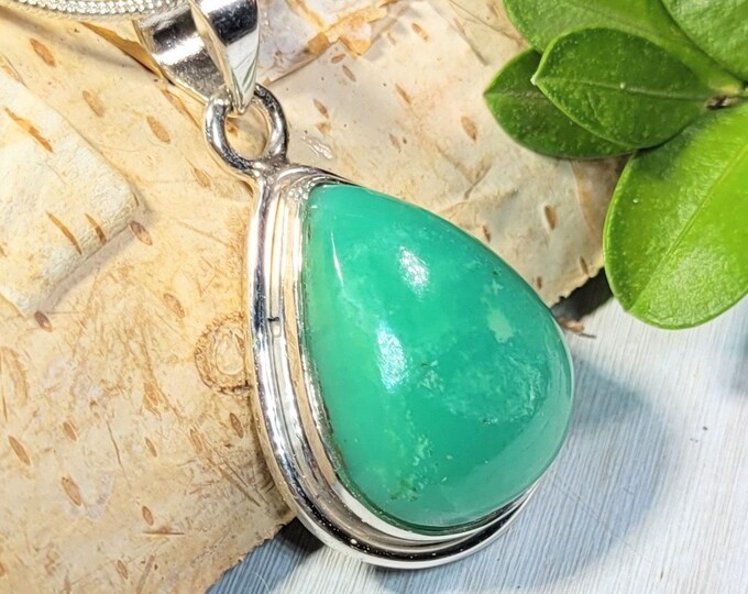 Natural AAA Grade Green Chrysoprase .925 Sterling Silver Pendant Measures 1 7/16" x 13/16" Weighs 7 Grams AC14