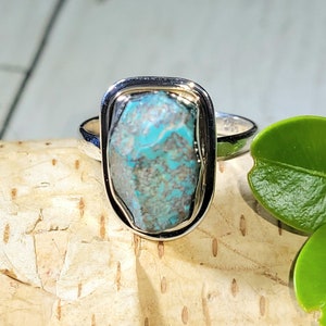 Natural Raw Rough Cut Chrysocolla Handmade .925 Sterling Silver Ring Size 7.5 5 Grams 5/8&quot; x 1/2&quot; CB11