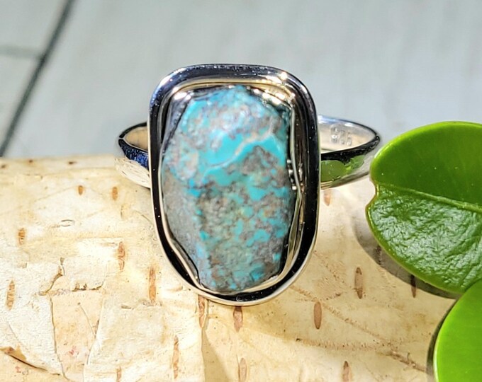 Natural Raw Rough Cut Chrysocolla Handmade .925 Sterling Silver Ring Size 7.5 5 Grams 5/8" x 1/2" CB11