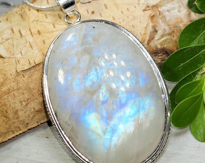 Natural AAAA Huge Grade Multi Full Flash Oval Rainbow Moonstone .925 Sterling Silver Pendant Measures 2 5/8" x 1 1/2" Weighs 33 Grams CE15