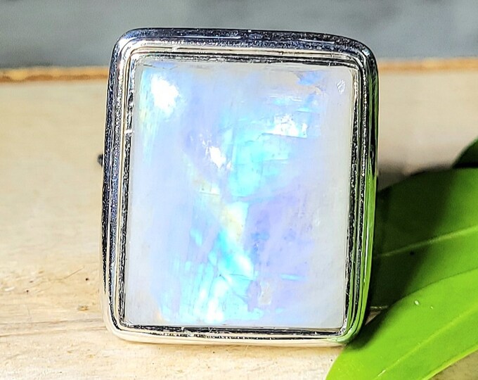 Natural Ultimate Blue Flash Moonstone .925 Sterling Silver Ring Size 8.5 8 Grams 13/16" x 3/4" EL07