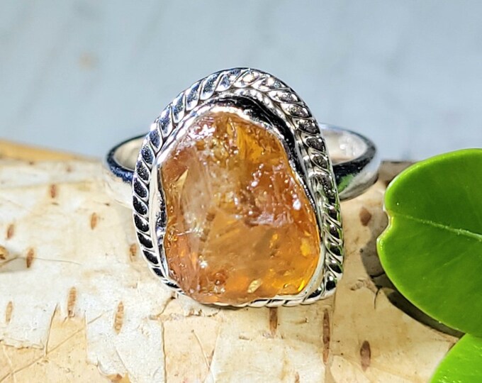 Natural Golden Orange Raw Rough Cut Citrine Handmade .925 Sterling Silver Ring Size 6.5 4 Grams 5/8" x 1/2" CB09