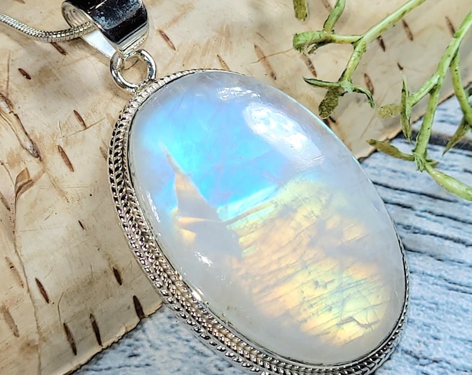 Moonstone Pendant, Rainbow Moonstone Oval Cabochon Sterling Silver Pendant, Multi Color Flash, Gift for Her, Handmade Pendant, JB24