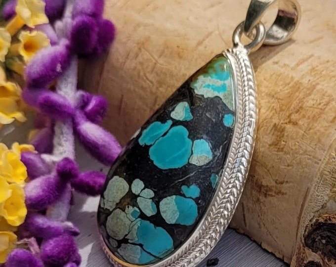 Natural Premium Grade Tibet Turquoise .925 Sterling Silver Pendant Weighs 11 Grams CV33 Measures 1 3/4" x 7/8"