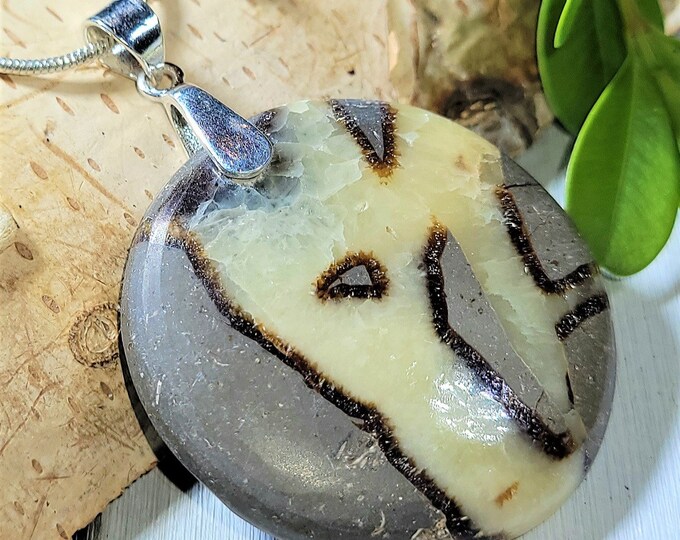 Natural High Grade Yellow Septarian Round Cabochon .925 Sterling Silver Pendant 2" x 1 3/8" AN50 Sterling Silver Heavy Duty Bail
