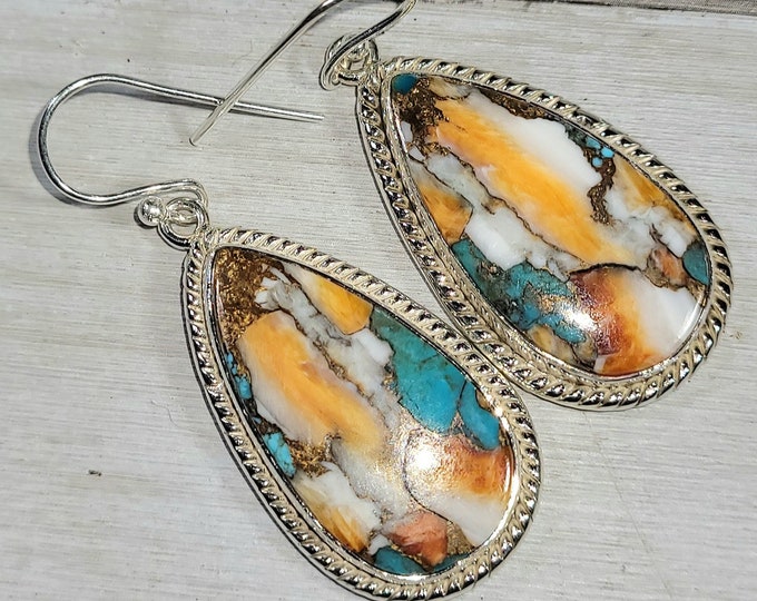 Natural Top Quality Spiny Oyster Turquoise .925 Sterling Silver Earrings 12 Grams 1 7/8" x 3/4" EN01