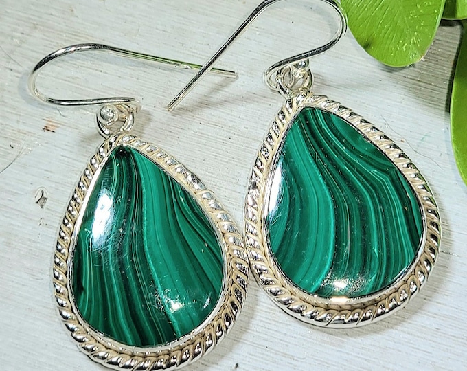 Natural Top Quality Malachite Pear Handmade .925 Sterling Silver Earrings 12 Grams 1 1/2" x 3/4" EN09 Gift for Her Genuine Stone