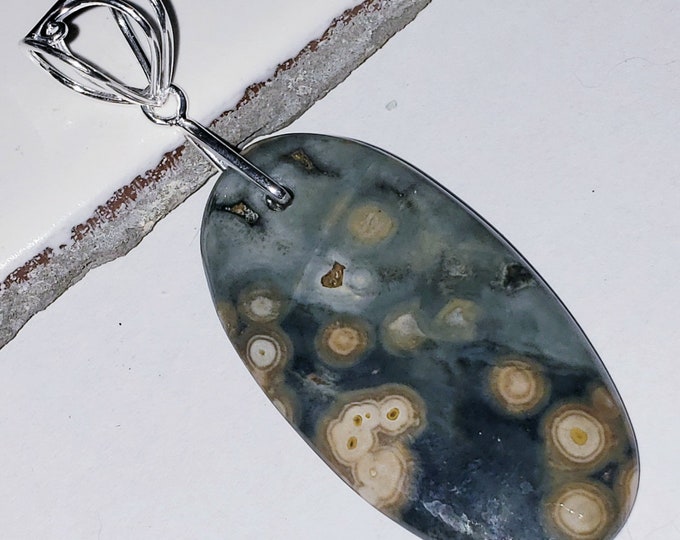 Natural AA Ocean Jasper Oval Cabochon .925 Sterling Silver Pendant 2 3/4" x 1" EA34 Heavy Duty Designer Sterling Silver Bail