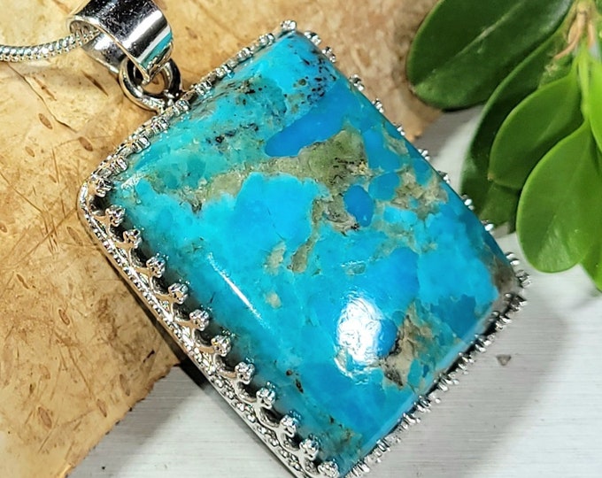 Natural High Grade Arizona Kingman Turquoise Rectangle  Handmade .925 Crown Prong Sterling Silver Pendant 1 5/8" x 1" 12 grams CE36
