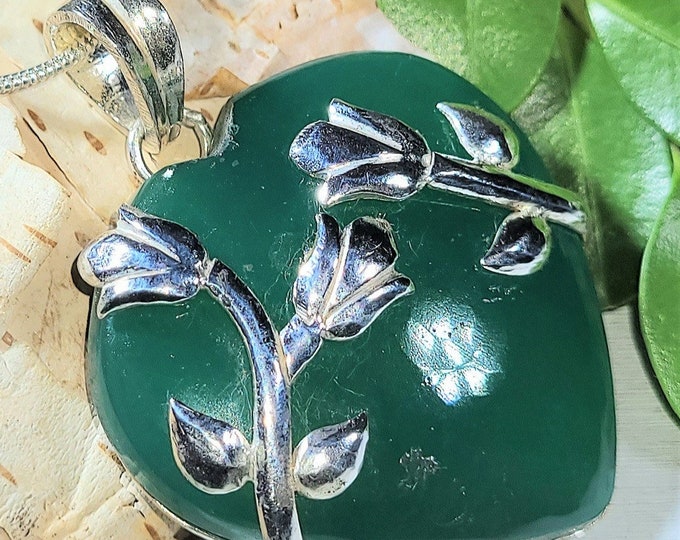 Natural Green Onyx Heart w/Flower Designs .925 Sterling Silver Pendant 22 grams 1 3/4" x1 5/16" C33