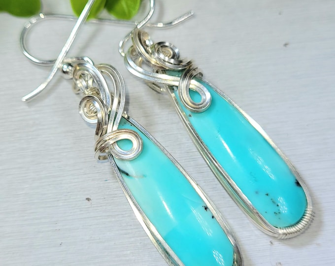 Blue Opalized Earrings, Opalized Sterling Silver Wire Wrapped Earrings, Petrified Wood Earrings, Hand Wrapped Earrings, Gift for Her FA01