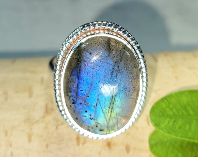 Natural High Grade Blue Flash Oval Labradorite Handmade .925 Sterling Silver Ring Size 7.5 Genuine Stone Great Gift for Her