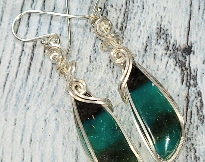 Blue Opalized Earrings, Petrified Wood Earrings, Sterling Silver Wire Wrapped Opalized Earrings, Sterling Silver Blue Opal Earrings JF25
