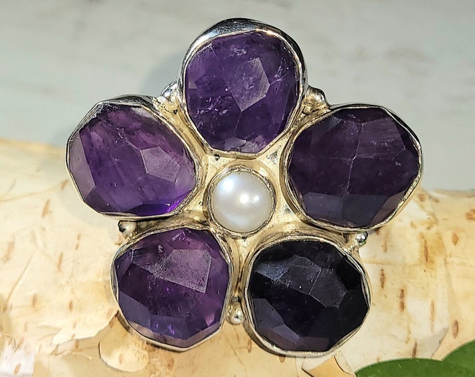 Amethyst Ring, Amethyst Sterling Silver Ring, Handmade Amethyst Flower Sterling Silver Ring, Heavy Duty Amethyst Ring, Gift for Her, J