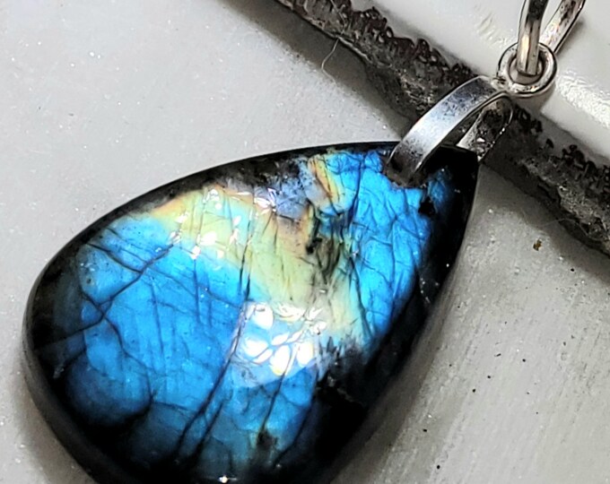 Natural High Grade Multi Flash Labradorite Pear Cabochon  .925 Sterling Silver Pendant 2" x 15/16" EC23 Sterling Silver Heavy Duty Bail