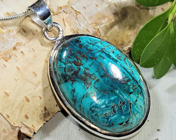 Natural AAA Chrysocolla Azurite Handmade .925 Sterling Silver Pendant 1 3/4" x 7/8" 11 grams AB20