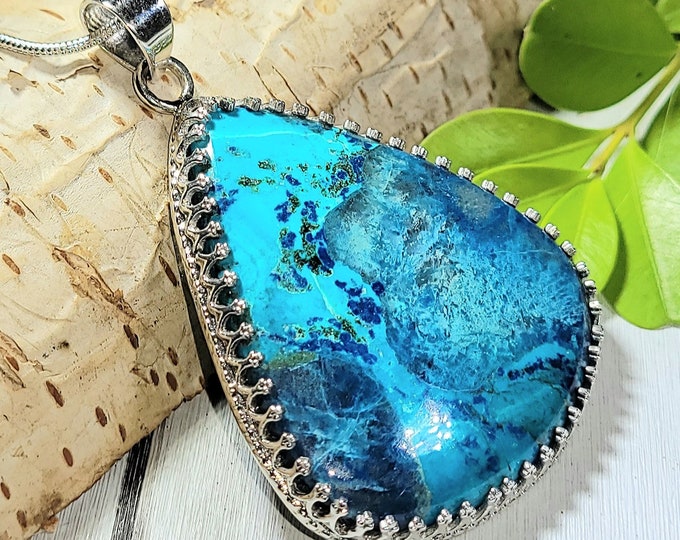 Natural AAA Grade Shattuckite .925 Sterling Silver Crown Setting Pendant weighs 18 grams measures 2 1/4" x 1 1/2 AH02