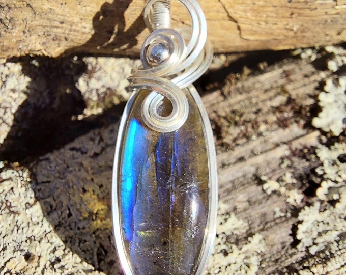 Natural AAA Grade Blue Labradorite Hand Wrapped .925 Sterling Silver Pendant 2" x  3/4" 9 Grams GC02 Handmade Wrapped Solid Sterling Silver