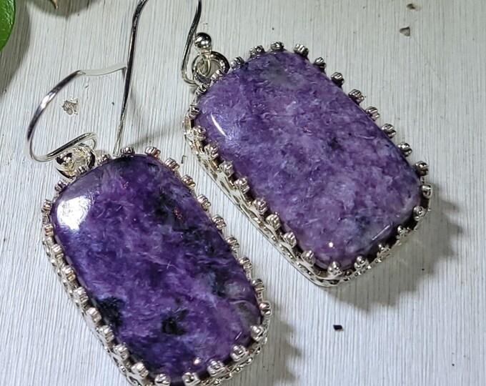 Natural High Grade Charoite Handmade .925 Sterling Silver Crown Setting Earrings 10 Grams 1 1/2" x 5/8" AP30